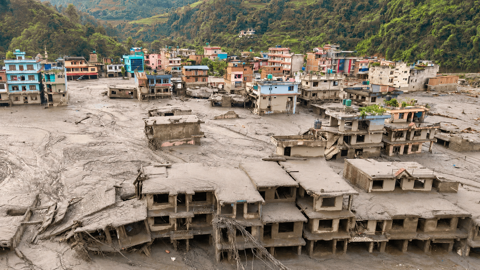 Homes and streets buried in mud after severe flooding in Nepal